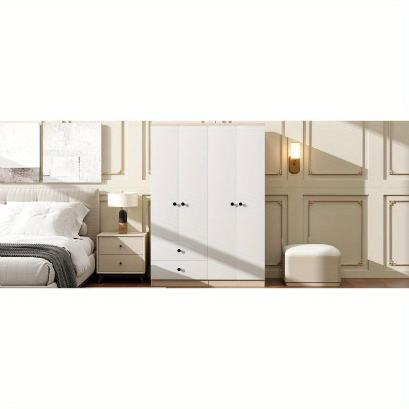 4 Door Wardrobe Closet with Drawers Shelf and Hanging Rod White