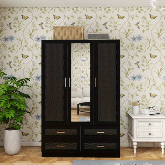 Large Capacity Wooden Armoire Wardrobe Closet with 3 Doors, Hanging Rods, 4 Drawers & Shelves - Black Storage Cabinet Organizer for Bedroom