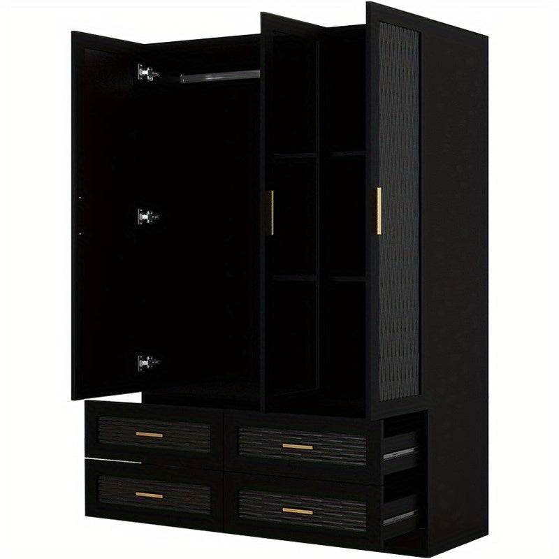 Large Capacity Wooden Armoire Wardrobe Closet with 3 Doors, Hanging Rods, 4 Drawers & Shelves - Black Storage Cabinet Organizer for Bedroom