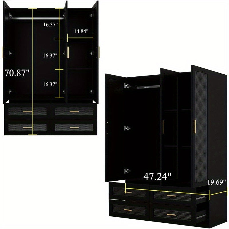 Large Capacity Wooden Armoire Wardrobe Closet with 3 Doors, Hanging Rods, 4 Drawers & Shelves - Black Storage Cabinet Organizer for Bedroom
