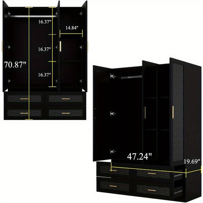 Large Capacity Wooden Armoire Wardrobe Closet with 3 Doors, Hanging Rods, 4 Drawers & Shelves - Black Storage Cabinet Organizer for Bedroom