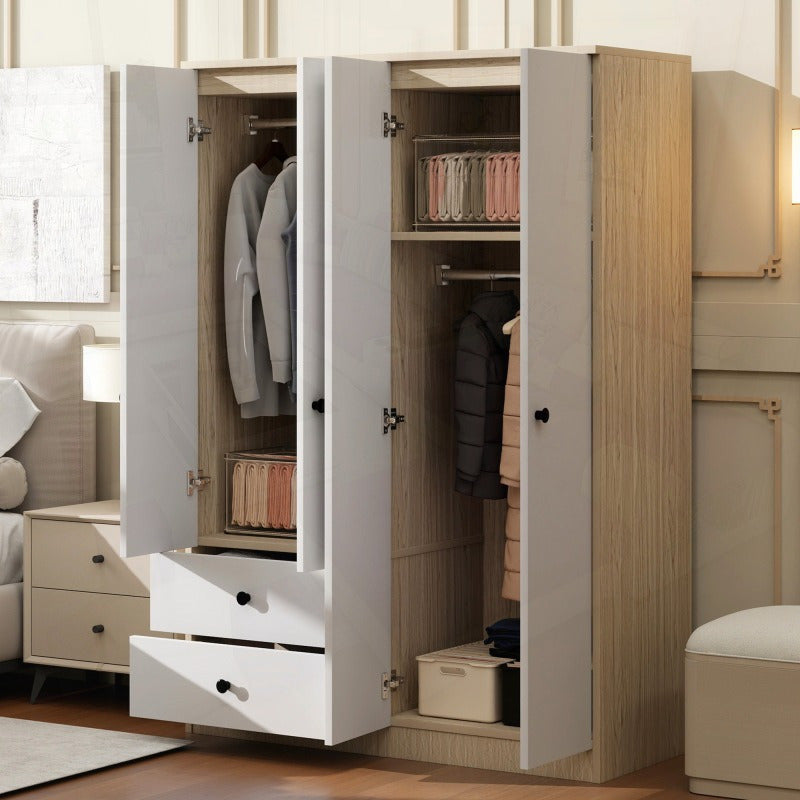 4 Door Wardrobe Closet with Drawers Shelf and Hanging Rod White