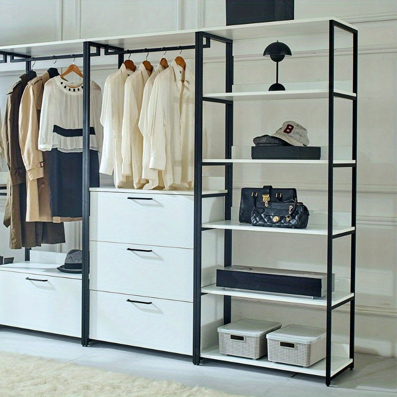 Fiona White Freestanding Walk-In Closet System with Sleek Metal Frame - Multi-Section Organizer for Efficient Storage, Ideal for Bedroom & Hallway, Clothes Organizer Storage