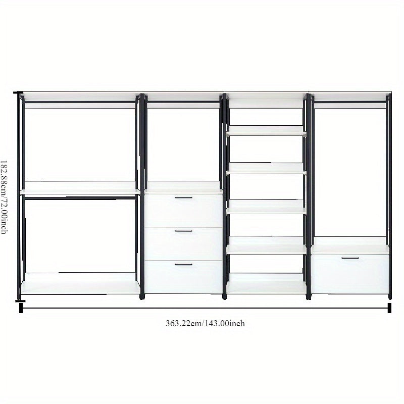 Fiona White Freestanding Walk-In Closet System with Sleek Metal Frame - Multi-Section Organizer for Efficient Storage, Ideal for Bedroom & Hallway, Clothes Organizer Storage