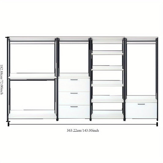 Fiona White Freestanding Walk-In Closet System with Sleek Metal Frame - Multi-Section Organizer for Efficient Storage, Ideal for Bedroom & Hallway, Clothes Organizer Storage