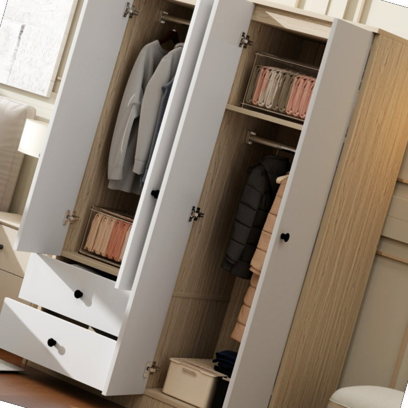 4 Door Wardrobe Closet with Drawers Shelf and Hanging Rod White