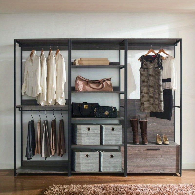 Monica Wood Walkin Closet System - Sturdy Metal Modular Closet Organizer with Adjustable Shelves, Drawers & Hanging Rods, Sleek Black Design for Bedroom, Closet, or Home Organization, Closet Storage