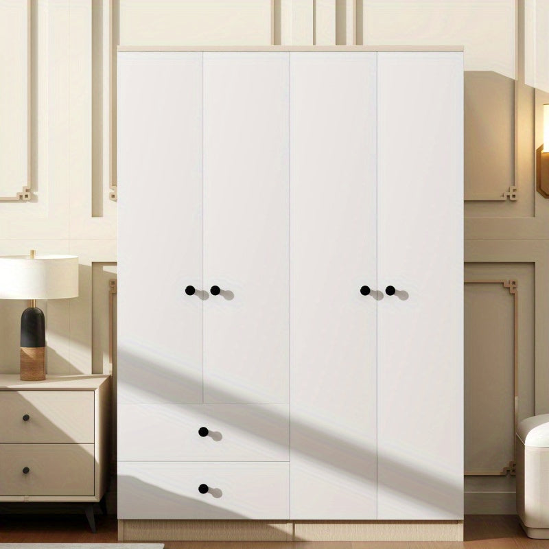4 Door Wardrobe Closet with Drawers Shelf and Hanging Rod White