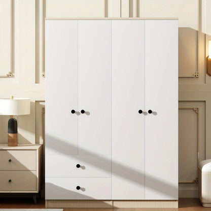 4 Door Wardrobe Closet with Drawers Shelf and Hanging Rod White