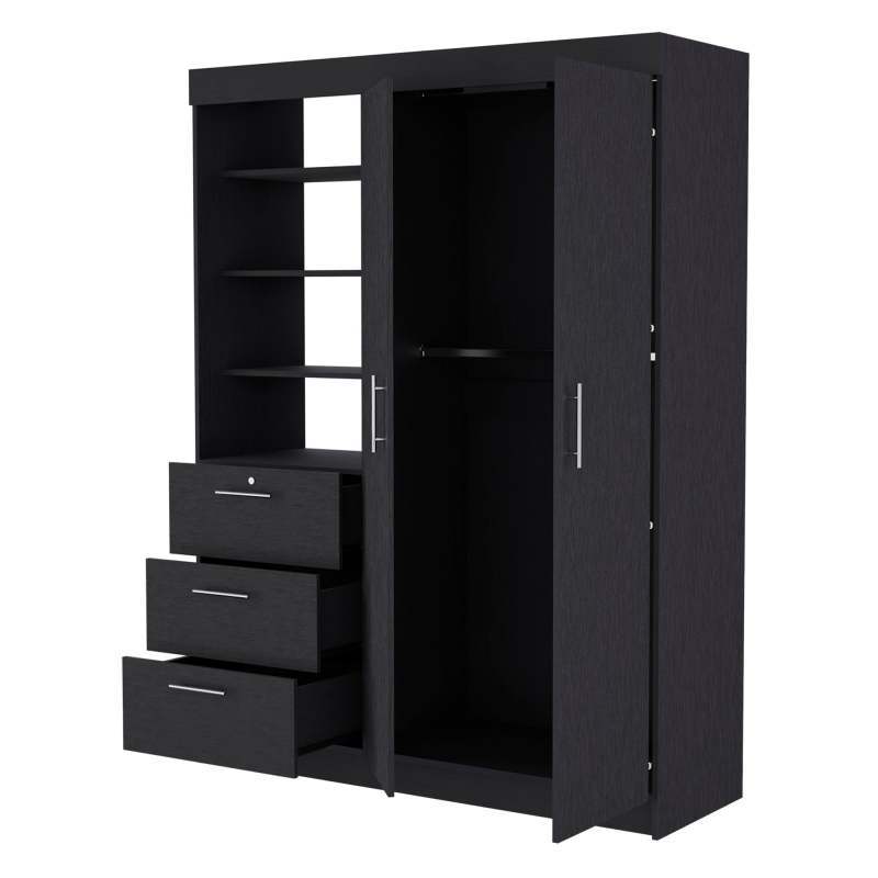 Black 3-Drawer Armoire with Double Doors & Hanging Rods - No Assembly Required, 3.2 Cu Ft Storage Cabinet, Classic Manufactured Wood Wardrobe for Bedroom, Closet Organization, Wardrobe Closet, Bedroom Furniture, Sleek Furniture, Sturdy Cabinet