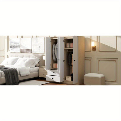 4 Door Wardrobe Closet with Drawers Shelf and Hanging Rod White