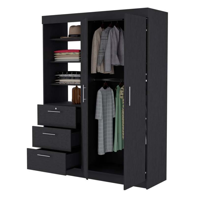 Black 3-Drawer Armoire with Double Doors & Hanging Rods - No Assembly Required, 3.2 Cu Ft Storage Cabinet, Classic Manufactured Wood Wardrobe for Bedroom, Closet Organization, Wardrobe Closet, Bedroom Furniture, Sleek Furniture, Sturdy Cabinet