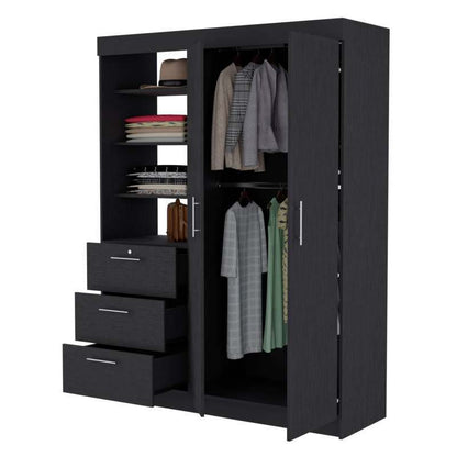 Black 3-Drawer Armoire with Double Doors & Hanging Rods - No Assembly Required, 3.2 Cu Ft Storage Cabinet, Classic Manufactured Wood Wardrobe for Bedroom, Closet Organization, Wardrobe Closet, Bedroom Furniture, Sleek Furniture, Sturdy Cabinet