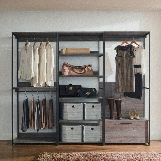 Monica Wood Walkin Closet System - Sturdy Metal Modular Closet Organizer with Adjustable Shelves, Drawers & Hanging Rods, Sleek Black Design for Bedroom, Closet, or Home Organization, Closet Storage