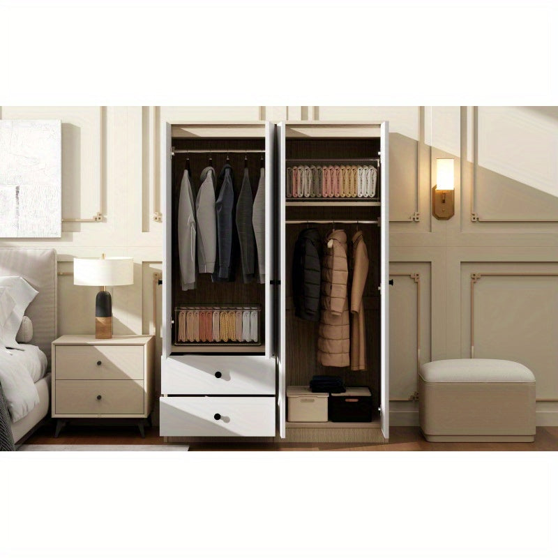 4 Door Wardrobe Closet with Drawers Shelf and Hanging Rod White