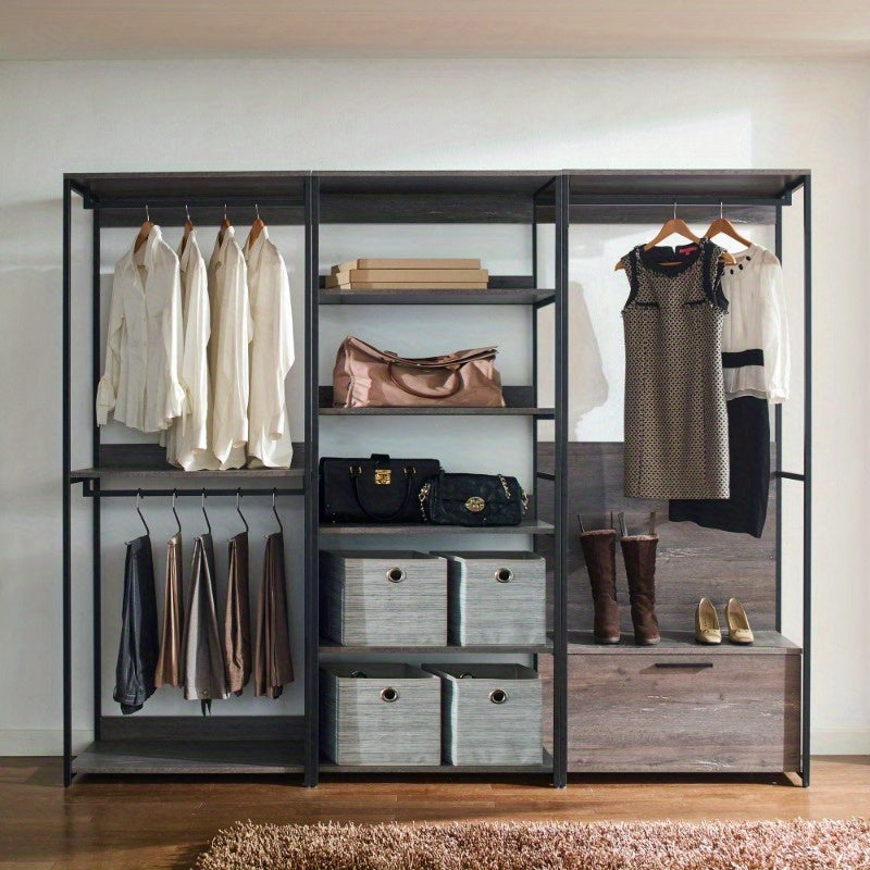 Monica Wood Walkin Closet System - Sturdy Metal Modular Closet Organizer with Adjustable Shelves, Drawers & Hanging Rods, Sleek Black Design for Bedroom, Closet, or Home Organization, Closet Storage