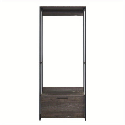 Monica Wood Walkin Closet System - Sturdy Metal Modular Closet Organizer with Adjustable Shelves, Drawers & Hanging Rods, Sleek Black Design for Bedroom, Closet, or Home Organization, Closet Storage