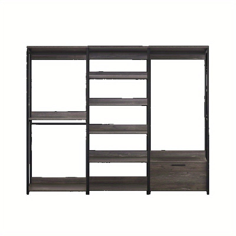 Monica Wood Walkin Closet System - Sturdy Metal Modular Closet Organizer with Adjustable Shelves, Drawers & Hanging Rods, Sleek Black Design for Bedroom, Closet, or Home Organization, Closet Storage