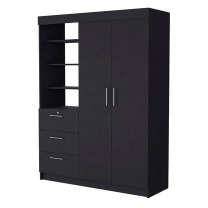 Black 3-Drawer Armoire with Double Doors & Hanging Rods - No Assembly Required, 3.2 Cu Ft Storage Cabinet, Classic Manufactured Wood Wardrobe for Bedroom, Closet Organization, Wardrobe Closet, Bedroom Furniture, Sleek Furniture, Sturdy Cabinet