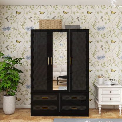 Large Capacity Wooden Armoire Wardrobe Closet with 3 Doors, Hanging Rods, 4 Drawers & Shelves - Black Storage Cabinet Organizer for Bedroom