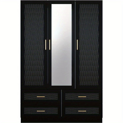 Large Capacity Wooden Armoire Wardrobe Closet with 3 Doors, Hanging Rods, 4 Drawers & Shelves - Black Storage Cabinet Organizer for Bedroom