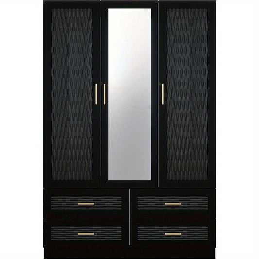 Large Capacity Wooden Armoire Wardrobe Closet with 3 Doors, Hanging Rods, 4 Drawers & Shelves - Black Storage Cabinet Organizer for Bedroom