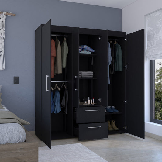 Wardrobe Deluxe Armoire with Multiple Storage Options and Metal Accents Black