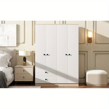 4 Door Wardrobe Closet with Drawers Shelf and Hanging Rod White