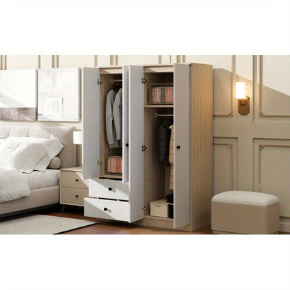 4 Door Wardrobe Closet with Drawers Shelf and Hanging Rod White